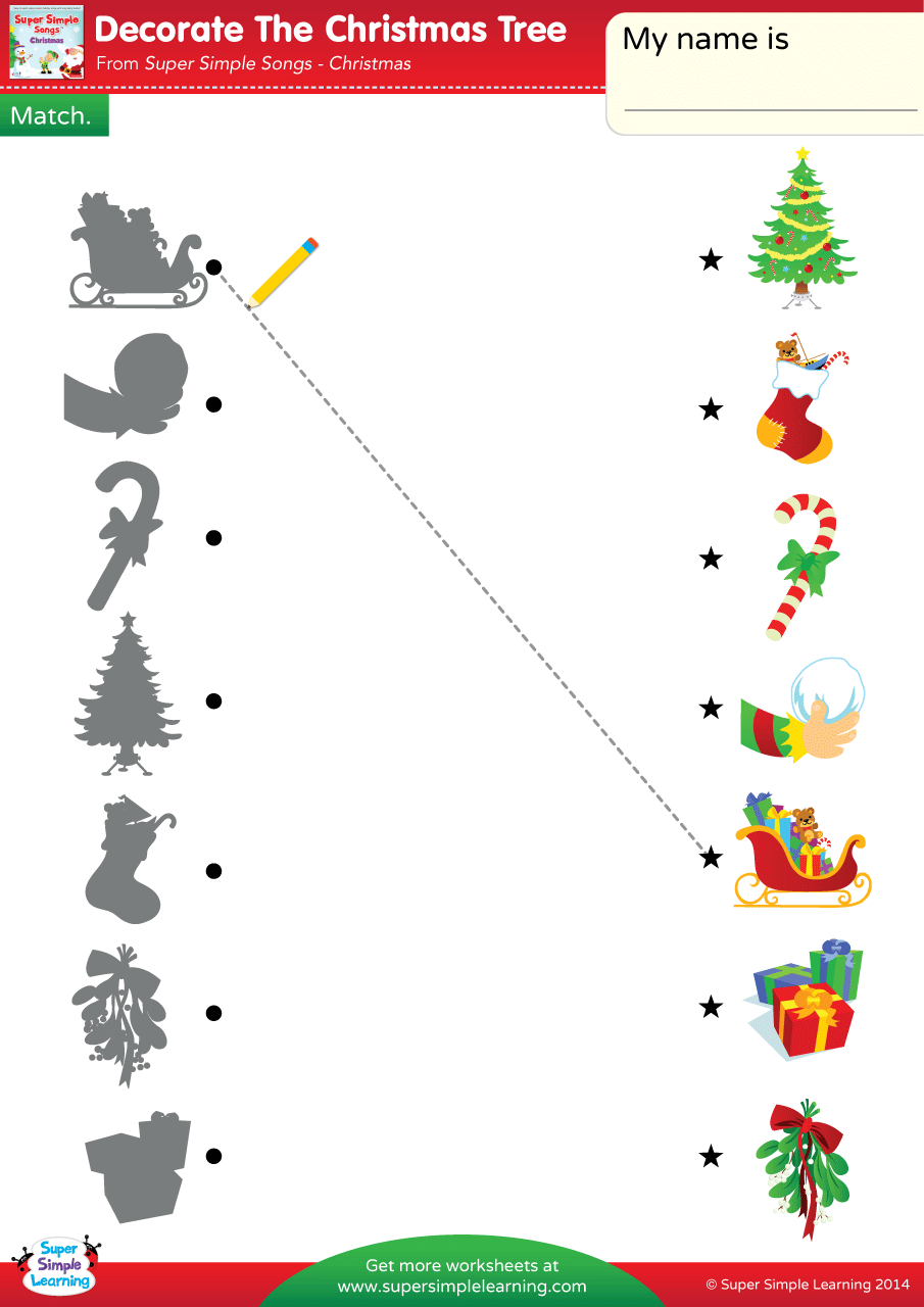 decorate the christmas tree worksheet - match - super simple